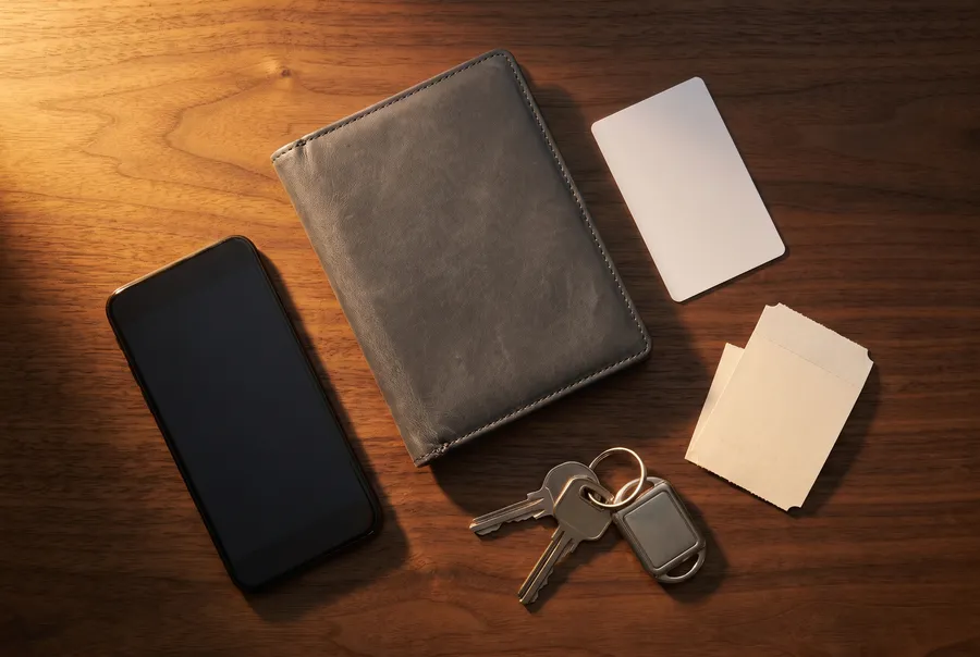 Generated scene: a grey leather travel wallet, a blank white card, car keys, a phone and a blank ticket stub on a walnut table in warm lamp light.